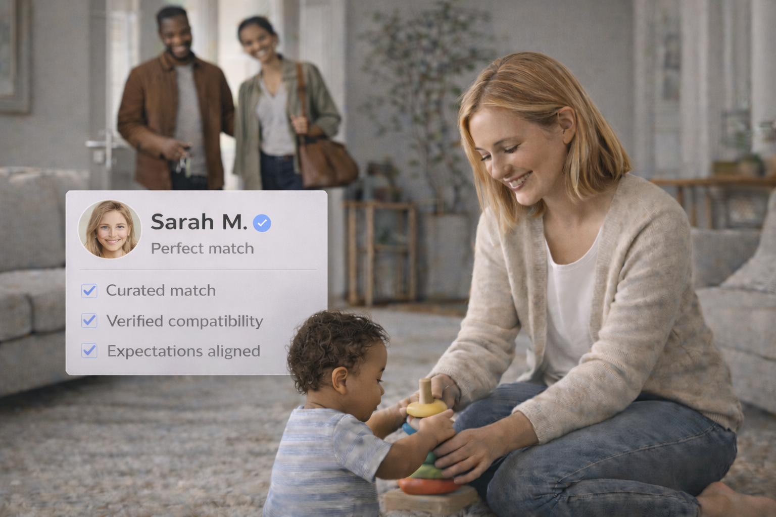 Mother playing with child and nanny match card overlay showing Sarah M. as perfect match with curated match, verified compatibility, and expectations aligned
