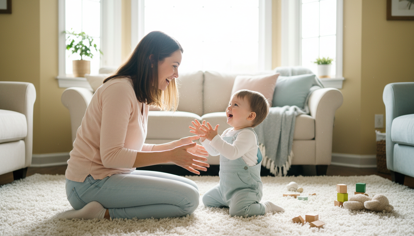 Nanny and toddler playing together in a bright, welcoming home environment