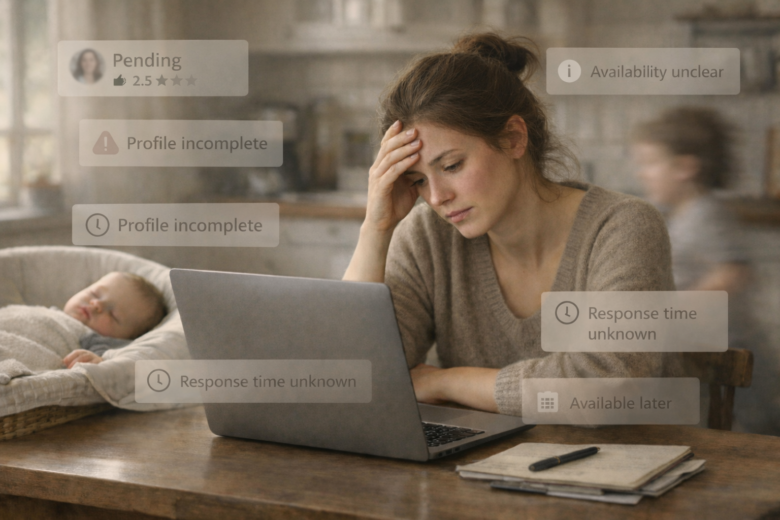 Overwhelmed parent at laptop with child sleeping nearby, surrounded by unclear nanny profile notifications including pending status, incomplete profiles, availability unclear, and response time unknown
